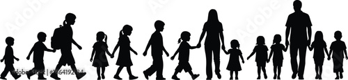 group, walking, silhouette, children, adults, family, unity, school, black, gesture, figure, guidance, community, icon, posture, walking group, 