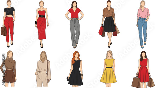 Fashion women illustration, stylish outfits, shopping theme, modern attire, trendy looks, clothing design, female figures, outfit inspiration, elegance