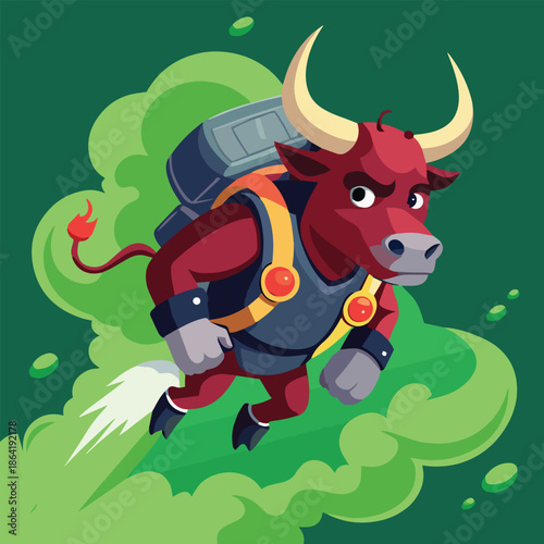 A red bull with a jetpack soars through the air on a vibrant green background