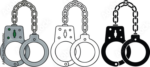 Handcuff silhouette & Outline and illustration set isolated on transparent background
