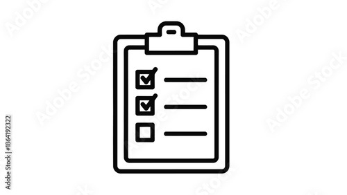 Simple black and white clipboard icon with checklist.