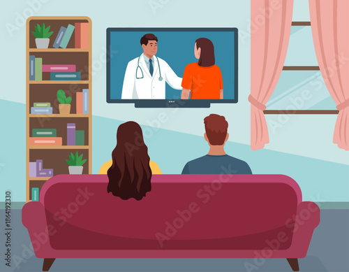A couple sits comfortably on a couch while engaging in a medical consultation broadcast on TV, reflecting the importance of health awareness and proactive health management.
