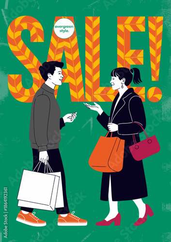 An engaging illustration depicting two stylish shoppers conversing while holding shopping bags, set against a vibrant green background with a prominent 'SALE!' text.