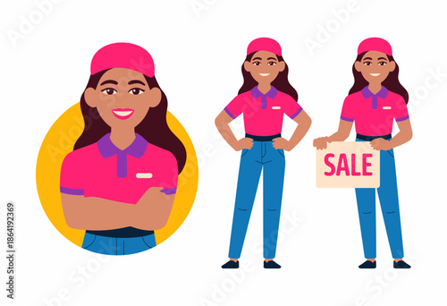 This cheerful illustration features a salesgirl proudly showcasing a 'SALE' sign, emphasizing her welcoming demeanor and the exciting atmosphere in a retail environment.