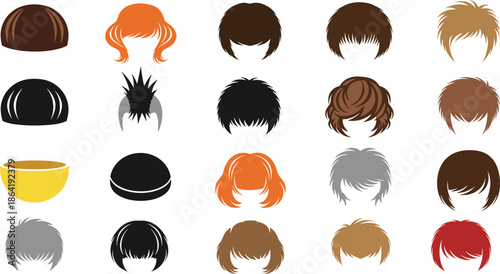 Hair style collection, colorful cuts, stylized hair icons, diverse textures, fashion design, avatar assets, hairstyle grid, character creation