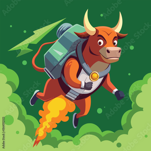 A cartoon bull astronaut soars through space with a jetpack and fiery exhaust