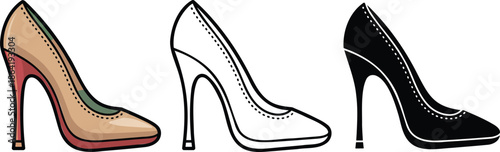 High-heeled court shoe silhouette & Outline and illustration set isolated on transparent background