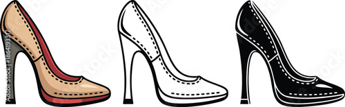 High-heeled court shoe silhouette & Outline and illustration set isolated on transparent background