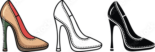 High-heeled court shoe silhouette & Outline and illustration set isolated on transparent background