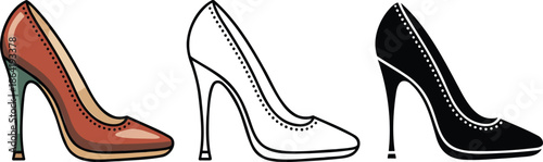 High-heeled court shoe silhouette & Outline and illustration set isolated on transparent background
