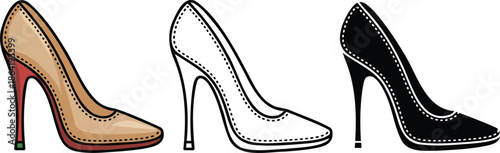 High-heeled court shoe silhouette & Outline and illustration set isolated on transparent background
