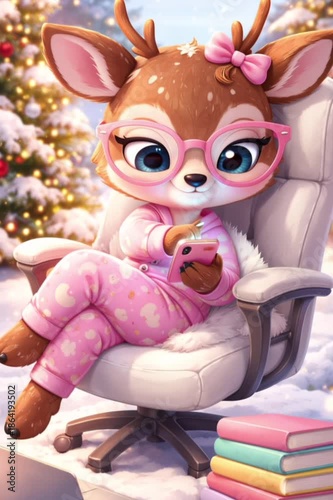 cute 3d cartoon deer girl working in winter cozy new year scene for social media content