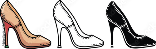 High-heeled court shoe silhouette & Outline and illustration set isolated on transparent background