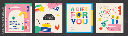 Happy Birthday banner, greeting card, invitation card, poster, cover, vector illustration with birthday cake, birthday hat, confetti and abstract elements.

