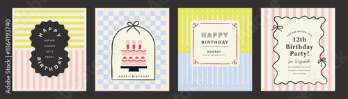 Happy Birthday banner, greeting card, invitation card, poster, cover, vector illustration with birthday cake, border, typography design.

