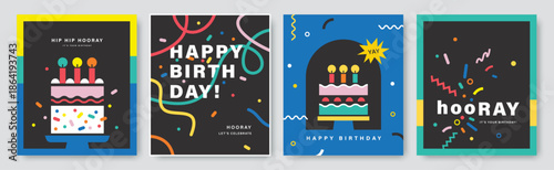 Happy Birthday banner, greeting card, invitation card, poster, cover, vector illustration with birthday cake, confetti, typography and abstract elements.


