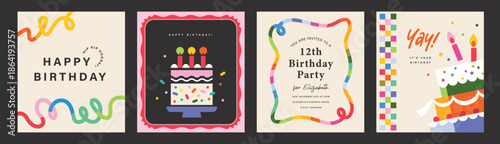 Happy Birthday banner, greeting card, invitation card, poster, cover, vector illustration with birthday cake, candles, confetti and abstract elements.

