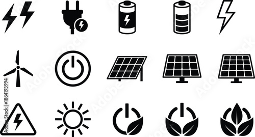Renewable energy icons set, solar panel battery power symbols, electricity plug lightning signs, eco green energy technology, sustainable electricity, clean power icons collection