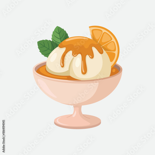 This delightful ice cream sundae features creamy vanilla ice cream topped with luscious caramel, a slice of orange, and mint leaves for a refreshing finish.