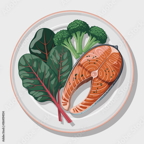 This appetizing image displays a delicious salmon fillet served with fresh leafy greens, highlighting the importance of healthy eating and vibrant food presentation.