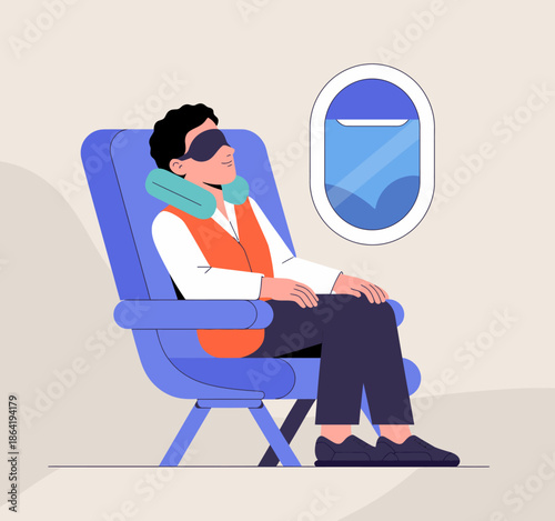 A relaxed passenger is napping in an airplane seat with a neck pillow and sleep mask on, creating a serene travel scene highlighting comfort during flights.