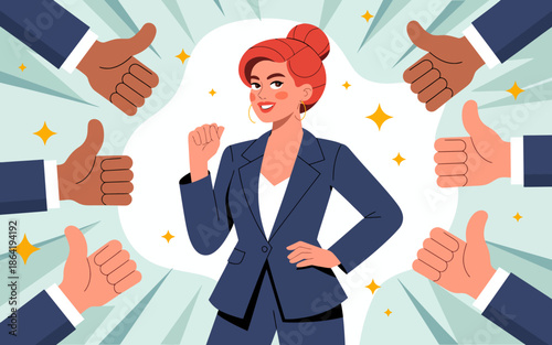 A confident businesswoman stands proudly amidst a backdrop of supportive thumbs-up gestures, symbolizing success, recognition, and empowerment in the professional realm.