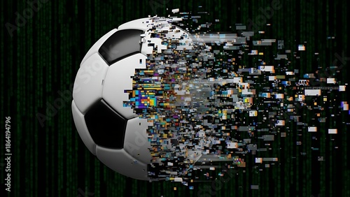 Disintegrating soccer ball with digital glitches and matrix background