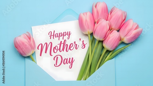 Happy mother's day wishes with beautiful pink tulips and greeting card