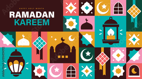 Ramadan Kareem vector illustration in flat geometric style design for poster, greeting card, banner and cover.

