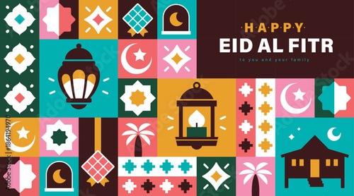 Happy EID AL FITR vector illustration in flat geometric style design for poster, greeting card, banner and cover.

