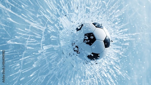 Soccer ball breaking through shattered glass with blue background