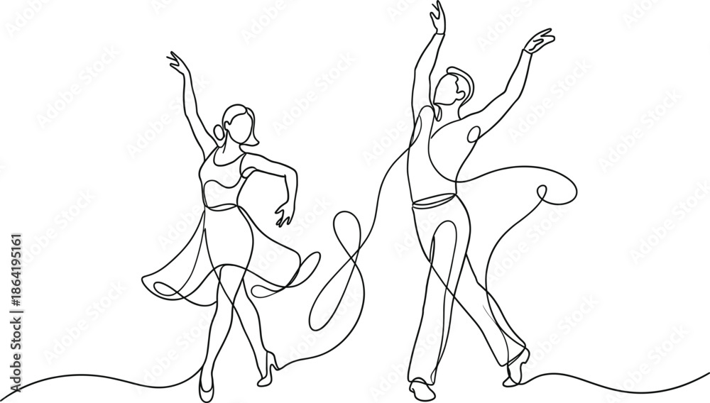 Fototapeta premium Continuous one line drawing of a man and woman dancing with ribbons in a minimalist style for performance and artistic expression.