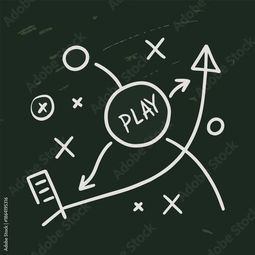 A chalkboard illustration depicts a football play diagram with strategy and game planning elements