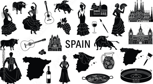 Spain culture silhouettes set with flamenco dancer bull guitar wine landmarks icons collection for travel tourism infographic, black vector illustration isolated white background