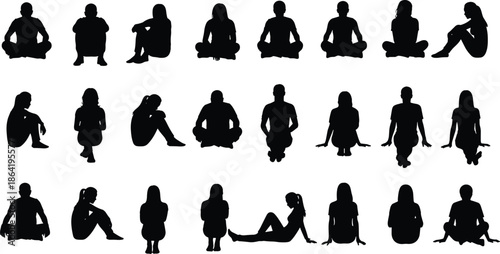 People sitting silhouettes in different poses collection for meditation relaxation learning concept, human posture icon set for lifestyle infographic, black vector isolated white background