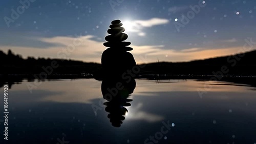 Zen Stone Stack Reflecting Under Starry Night Sky.