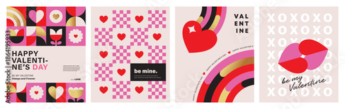 Set of Valentine's Day poster, greeting card, cover, label, sale promotion templates, pattern background in modern trendy geometric style.

