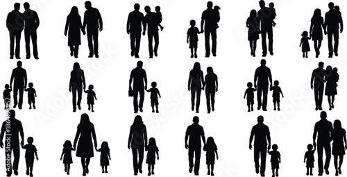 Family walking people silhouette vector set, featuring parents children couples and groups in everyday urban lifestyle scenes for social community illustration design