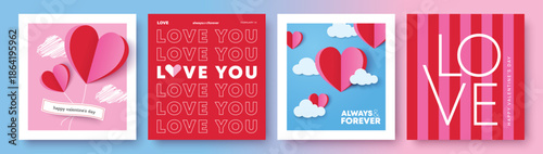 Set of Valentine's Day poster, greeting card, cover, label, sale promotion templates with modern paper cut style and typography design.


