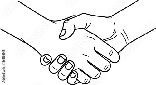 Business handshake line art vector illustration, symbolizing agreement trust partnership and professional deal making in clean minimal black outline style for corporate design