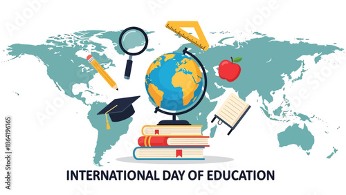 International Day of Education vector banner featuring globe on books stack with learning icons and world map background, clean modern illustration for global education promotion and events