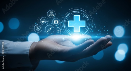 Illuminated digital medical cross icon floating above a caring open hand symbolizing healthcare technology.