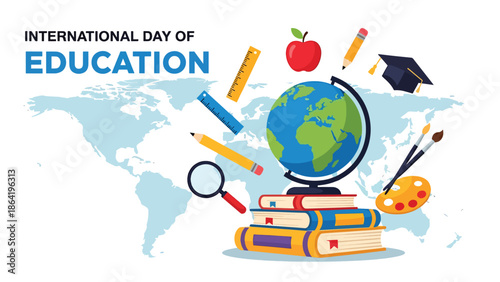 International Day of Education vector banner featuring globe on books stack with learning icons and world map background, clean modern illustration for global education promotion and events