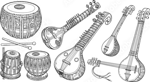 Hand drawn Indian classical musical instruments vector set, featuring tabla sitar veena tanpura sarod in detailed vintage engraving style illustration for cultural design projects