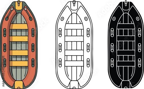 Inflatable boat silhouette & Outline and illustration set isolated on transparent background