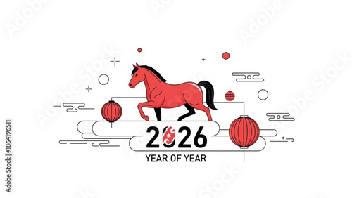 Year of the Horse 2014 holiday illustration with horse and winter elements