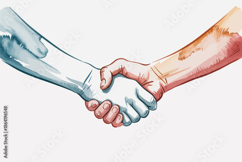 This detailed artwork features two hands shaking in a symbolic gesture of unity, representing collaboration, agreement, and shared values in diverse cultures and communities.