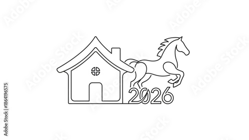 Cute cartoon illustration of a farm house with a horse standing nearby in nature on a white background