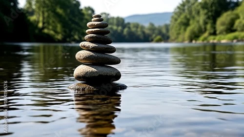 Zen Stone Stack Balanced in Serene River Water with Lush Green Forest Background.