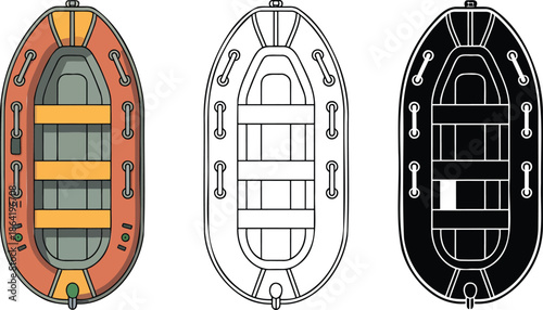 Inflatable boat silhouette & Outline and illustration set isolated on transparent background